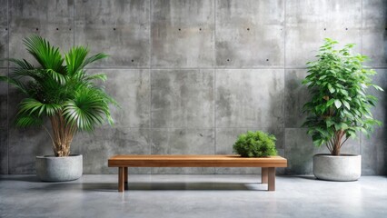 Obraz premium Modern Minimalist Interior Design Featuring a Wooden Bench and Potted Plants Against a Concrete Wall