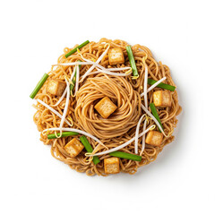 Top view of plain pad thai noodles isolated on white