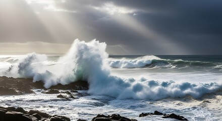 Ocean waves crashing against rocks under a cloudy sky at daytime