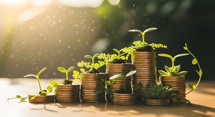 Stacks of coins with plants growing representing financial growth