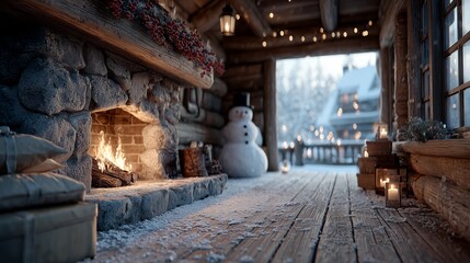 Cozy Christmas Cabin with Fireplace and Snowman View