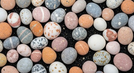 A close up of many colorful pebbles on a black pebble surface
