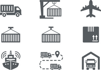 Grey Logistics Icons Set Truck, Cargo, Airplane, Ship, Route Isolated on White