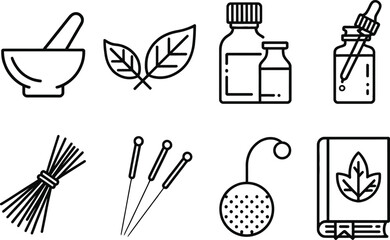 Herbal Medicine Icons Outline Bowl, Leaves, Acupuncture, Bottles, Herbs Book
