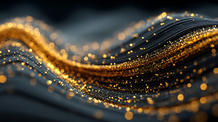 Abstract digital wave with glowing golden particles
