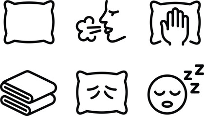 Icon Set Featuring Pillow, Hand, Sleep, Breathing, and Folded Towel on Transparent