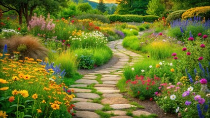 Obraz premium A meandering stone path winds through a vibrant, colorful garden bursting with diverse blooms and lush greenery, creating a tranquil and idyllic scene.