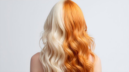 Naklejka premium Vibrant Hair Transformation: A stunning model showcases a half-and-half hair color design, with a captivating mix of vibrant orange and blonde tones. The image showcases current hairstyling