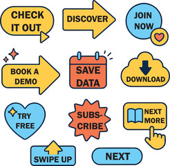 "Hand-Drawn Call-to-Action Icon Set Featuring Check It Out, Discover, Save Date, Book a Demo, Download, Subscribe, Try Free, and More for Digital Marketing, Web Design, Ecommerce, and Social Media – C