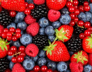 Obraz premium Assorted fresh berries background showcasing strawberries, blueberries, raspberries, and blackberries