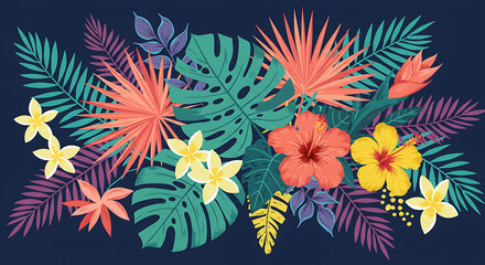 Obraz premium Vibrant Tropical Flowers and Leaves Illustration