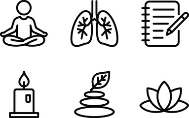 Icons of Health, Yoga, Lungs, Journaling, Candle, Stones, and Lotus on Transparent