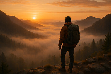 silhouette of a man standing on a mountain top