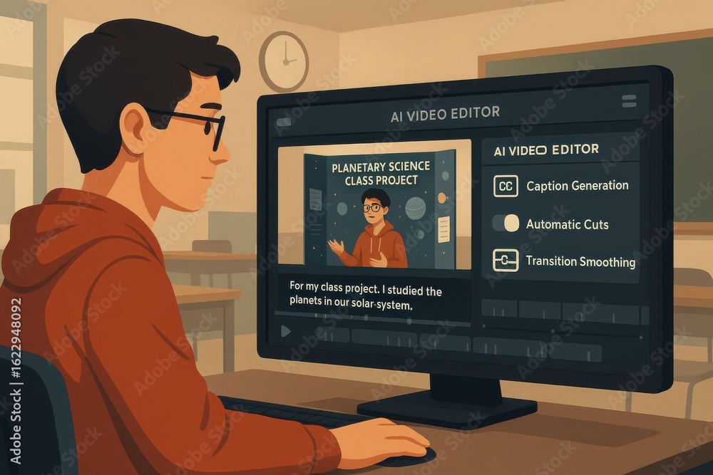 Poster illustrated student editing ai-generated class video with captioning, automatic cuts, and transition