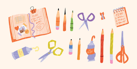 Back to School Concept with Open Notebook, To Do List, Colored Pencils, Paint, Scissors, Sharpener. Hand Drawn Stationery Elements. Vector Illustration for Posters, Banners, Promo