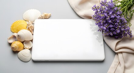 White tablet with seashells and lavender on a neutral background