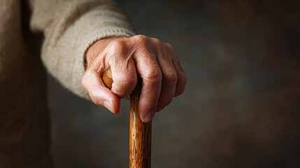 Timeless Support: A close-up of a hand gently resting on a wooden cane. capturing the essence of resilience and the passage of time.