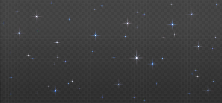 Blue space with stars PNG with glowing universe elements. Shining starry sky and galaxy cold winter lights on a transparent background. Perfect for cosmic designs. Vector with transparency