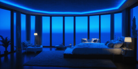 Luxury Bedroom with Blue Ambient Lighting and Oceanfront Views at Night