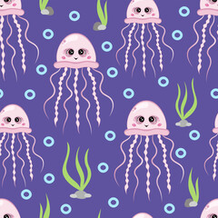 jellyfish underwater seamless pattern with seaweed. Vector Illustration for backgrounds, covers and packaging. Image can be used for greeting cards, posters and textile. Isolated on purple background.