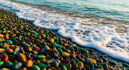 Colorful pebbles on a beach with gentle waves washing the shore