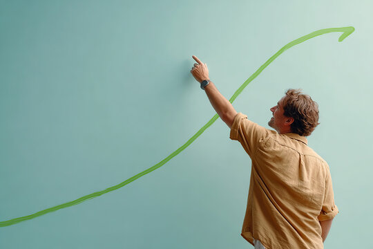Presenter gestures toward a curved trend line in a modern conference room setting