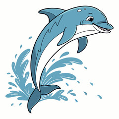 Fototapeta premium Cute cartoon dolphin jumping out of water splash isolated on white background