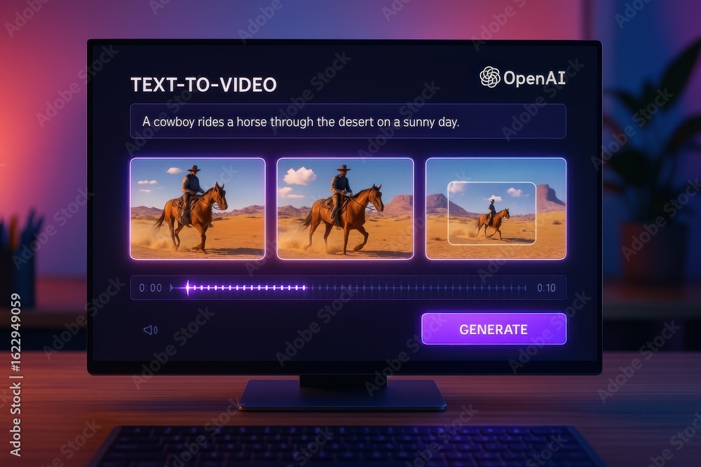 Aufkleber text-to-video generator creating cowboy and horse animation from prompt in desert environment