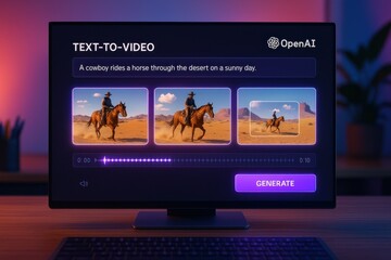 Text-to-video generator creating cowboy and horse animation from prompt in desert environment
