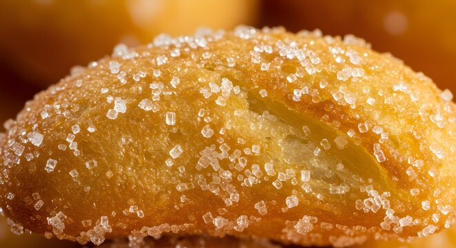 Realistic image of golden misro with glistening palm sugar oozing from the center, placed on a neutral background with warm light.