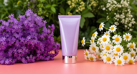 Lilac tube with silver base between purple and white flowers