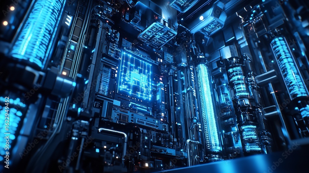 Poster a complex futuristic machine with glowing blue elements and intricate mechanical components visible 