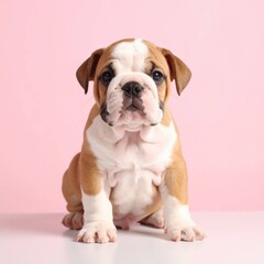 Fototapeta premium Cachorro de Bulldog Inglés Adorable sobre Fondo Rosa, Generated image