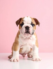 Obraz premium Adorable English Bulldog Puppy on Pink Background, Generated image