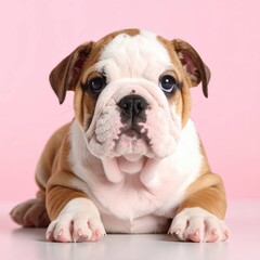 Obraz premium Adorable English Bulldog Puppy on Pink Background, Generated image