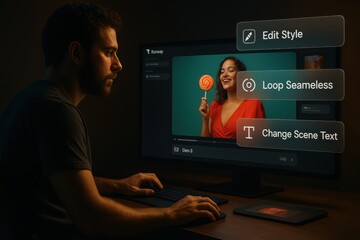 Man editing video with AI interface that supports seamless looping, style changes, and scene text modification
