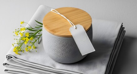 Still life of jar with wooden lid tag and yellow flowers on cloth