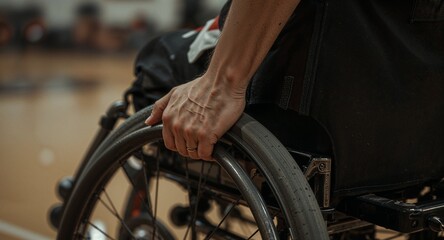 Obraz premium Close-up of a Person's Hand on a Wheelchair Wheel Emphasizing Mobility and Daily Life