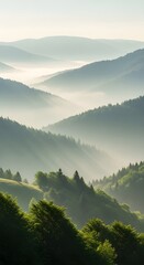 Layered mountains covered in fog and trees on a sunny morning