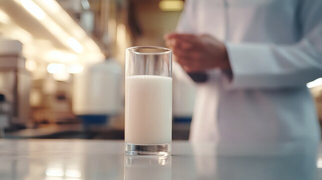Glass of milk on a table in a dairy facility.