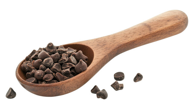 Chocolate chips in a wooden spoon ready for baking and desserts in a bright kitchen