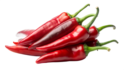 Photo of a vibrant pile of fresh red chili peppers, showcasing their glossy skin and green stems, isolated on a clean transparent background, perfect for culinary and foodrelated themes