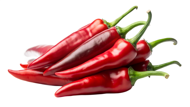 Photo of a vibrant pile of fresh red chili peppers, showcasing their glossy skin and green stems, isolated on a clean transparent background, perfect for culinary and foodrelated themes