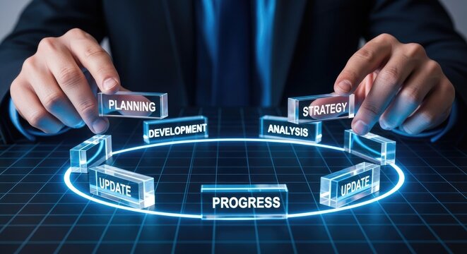 Business people arranging glass blocks in a circle representing a business process for planning strategy and progress