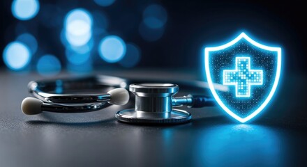 Digital shield with medical cross and stethoscope representing health insurance and healthcare protection