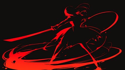 Dynamic silhouette of a warrior in red poised for battle under a dark backdrop showcasing intense motion and energy Generative AI