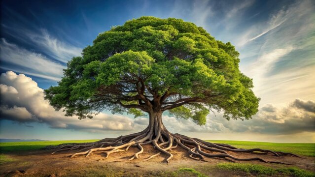 Majestic ancient tree with sprawling roots, a symbol of resilience and enduring strength under a dramatic sky