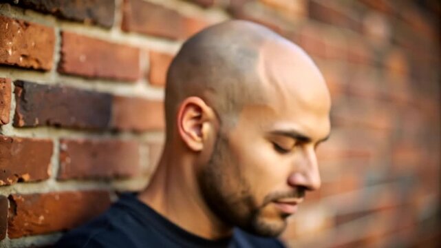 Man in profile against a brick wall