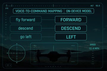 Drone UI overlay displaying voice-to-command mapping and on-device AI model translation for flight instructions
