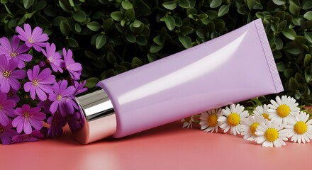Lilac tube with silver cap surrounded by flowers and greenery